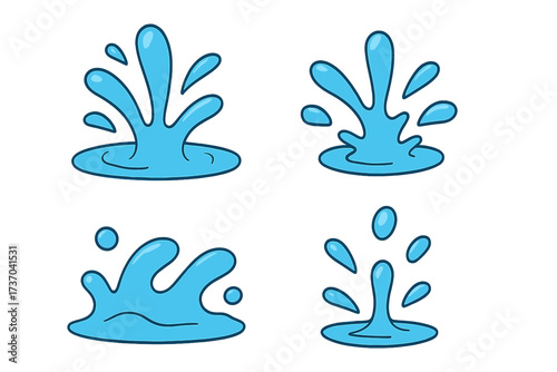 Water splash icon set. Liquid drop vector collection. Cartoon aqua ripple illustration. Clean blue puddle symbols. Flat design geyser spray graphic element. Fountain effect.