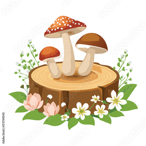 Charming illustration of red and white spotted toadstools on a stump, nestled amongst small white wild flowers	