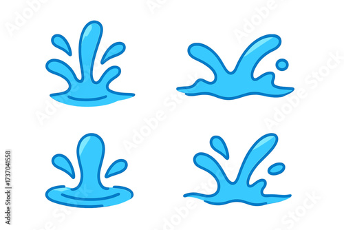 Water splash and drop vector icon set. Blue liquid droplet and spill cartoon collection. Flat style water splash illustration isolated on transparent background. Aqua symbol.