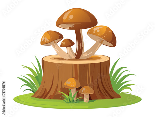 Warm illustration of brown mushrooms on a stump, bathed in soft sunlight in a bright woodland or meadow setting	