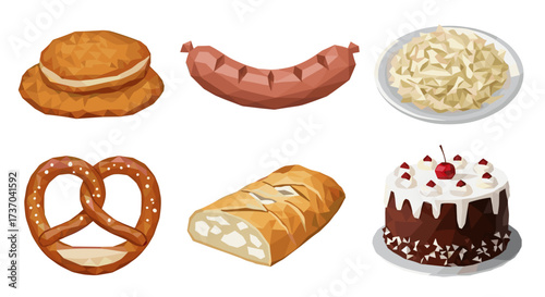 Vector art of collection of german food items including sausage, pretzel, cake, and bread