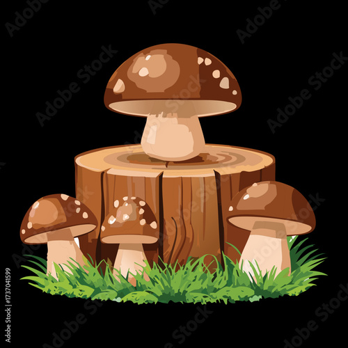 Detailed illustration of various sizes of brown porcini mushrooms clustered around a large tree stump in the forest	