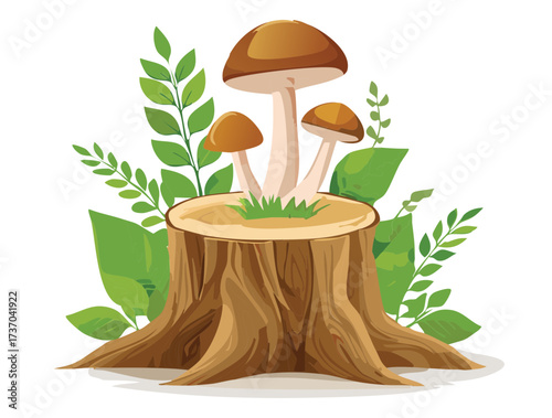 Simple and rustic illustration of porcini mushrooms sprouting from a mossy tree stump framed by large green leaves	