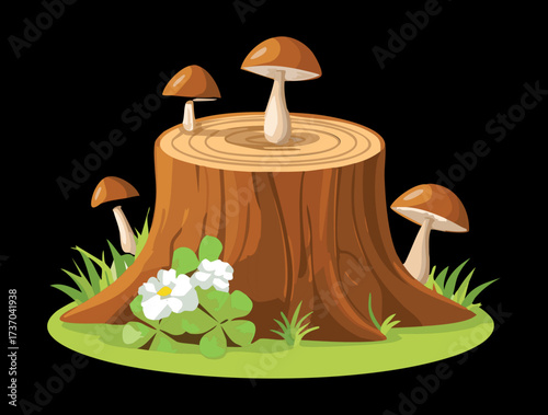Classic woodland illustration of brown mushrooms on a log, adorned with white wild strawberry flowers and leaves	