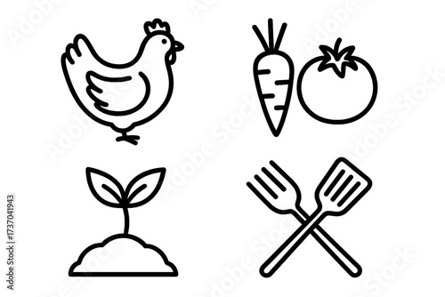 Farm to table concept icon set. Fresh food, cooking, and agriculture symbols. Chicken, vegetables, and farming icons for organic, local produce. Line art vector illustration.