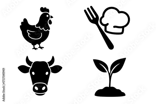 Farm to table vector icon set. Food production and cooking symbols. Agriculture, livestock, and gastronomy icons. Chicken, cow, plant, and chef hat logo collection for restaurant.