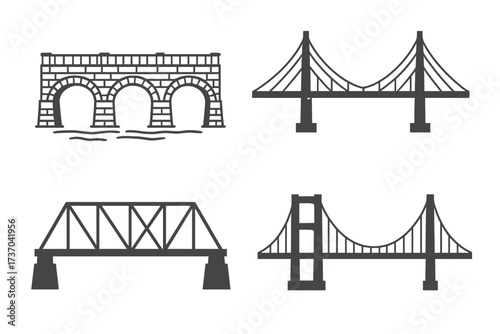 Bridge icon set vector collection. Various bridge types for logo design. Silhouettes of suspension, truss, arch, and cable-stayed structures. Architecture & engineering concept.