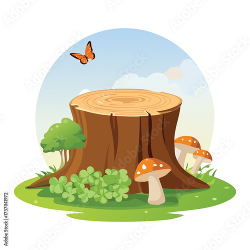 Cheerful forest landscape featuring a tree stump with mushrooms, green plants, and a single butterfly flying overhead	