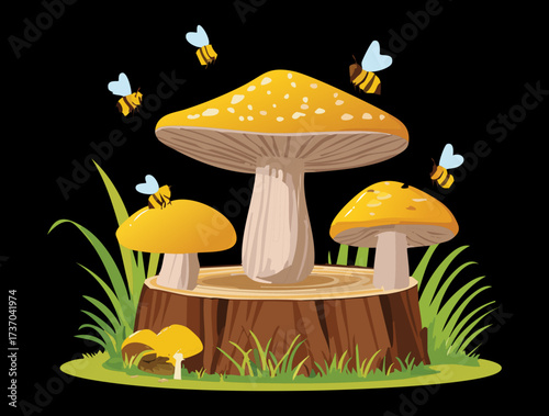 Vibrant dark scene of yellow-capped mushrooms on a log, surrounded by glowing bees and pollen against a night sky	
