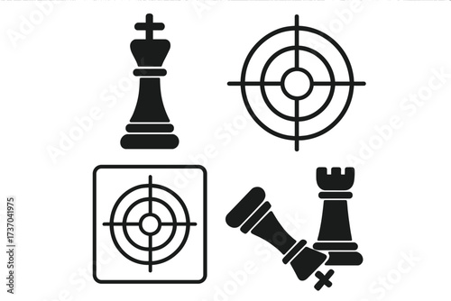 Checkmate concept icon set. Chess game strategy for business. Target, goal, and objective symbols. Vector illustration of victory, success, leadership, and competition.