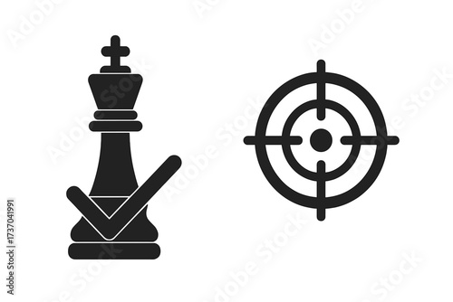 Checkmate and target vector icon set. Metaphor for strategic planning, winning move, and achieving business goals. King chess piece with check mark for victory and success concept.