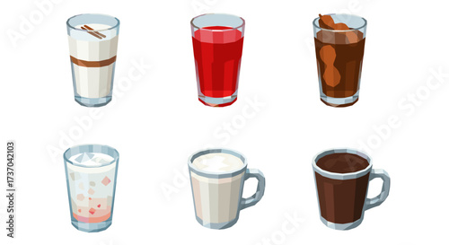 Vector art of collection of six different beverages in glasses and mugs