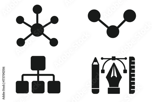 Glyph icon set for business and design. Includes network, connection, hub, hierarchy, and organization chart symbols. Graphic design pen tool, pencil, and ruler vector icons.