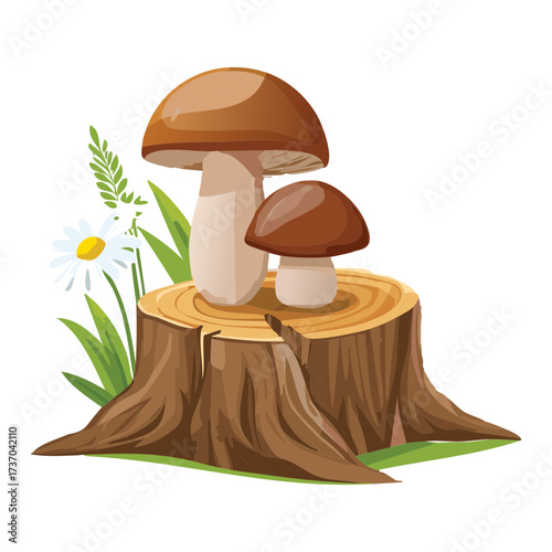 Delicious edible porcini mushrooms growing from a tree stump surrounded by wild white daisies and green grass	