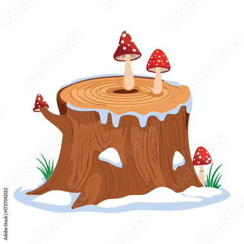 Group of vibrant red and white spotted mushrooms growing on a tall, dry wooden stump in a forest clearing	