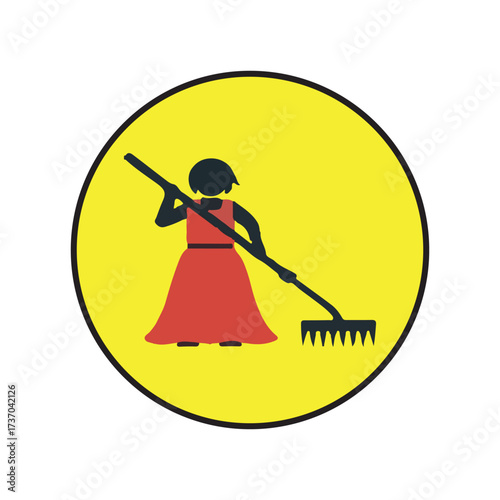 Iconic depiction of a person gardening with a rake within a bright yellow circle emblem