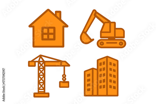 Construction and building icon set for real estate business. Vector logo symbols of house, crane, excavator, and skyscraper for property development and architecture design.