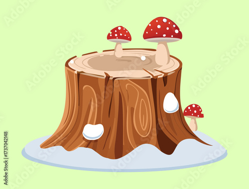 Cheerful cartoon illustration of bright red toadstools with white spots thriving on a weathered tree stump in the woods	