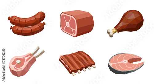Vector art of collection of raw meat and fish cuts