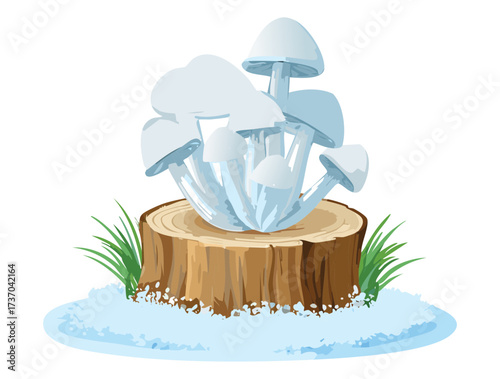 Fantasy illustration of frosty white or blue mushrooms growing out of a mossy tree stump on a cold winter day	