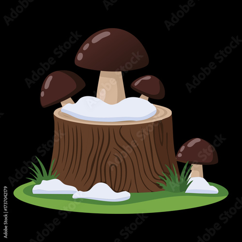 Dark cartoon illustration of wild porcini mushrooms growing on a tree stump covered in soft white snow and ice	