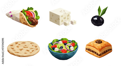 Vector art of greek food assortment including gyro, feta cheese, olives, pita, salad, and baklava
