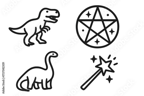 Dinosaur and magic vector icon set. Collection of fantasy, prehistoric, wiccan, and witch symbols. Cute T-rex, brontosaurus, pentagram, and magic wand line art illustration.