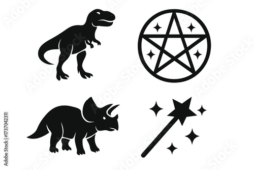 Dinosaur and magic icon set. T-rex, triceratops, pentagram, and magic wand silhouettes. Fantasy prehistoric animal vector collection for witchcraft, occult, and jurassic themes.