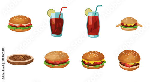 Vector art of collection of delicious burgers and refreshing drinks
