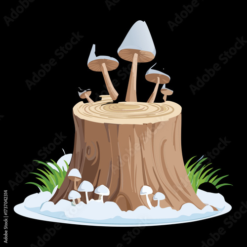 Dark and Moody Illustration of Small Mushrooms on a Tree Stump with a Black and White Background	
