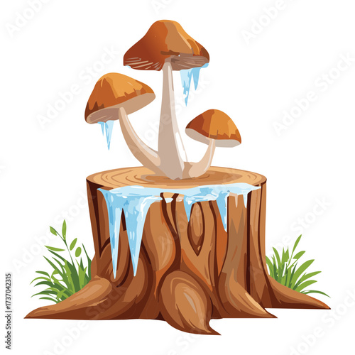 Diverse Fungi Species Growing on a Weathered Tree Stump with Green Leaves and Bright Sun Illustration	