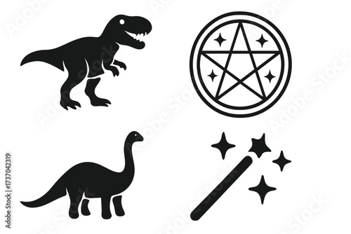Dinosaur and magic vector icon set. T-Rex and brontosaurus silhouettes with fantasy symbols like a magic wand and a pentagram. Mystical and prehistoric creature graphics.