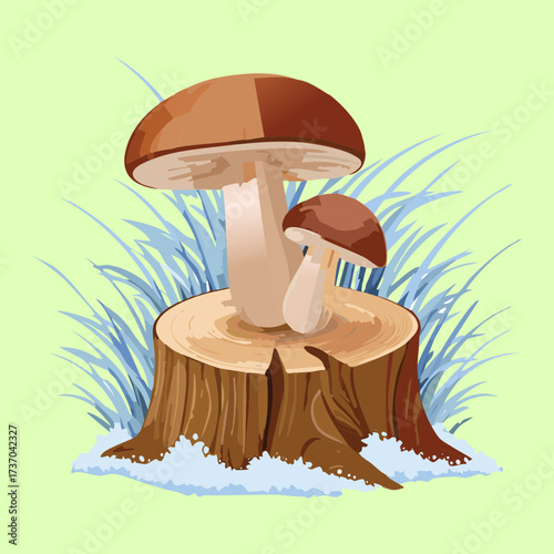 A cluster of small honey fungus mushroom caps emerging from the base of a lichen-covered tree trunk and forest ivy plant	