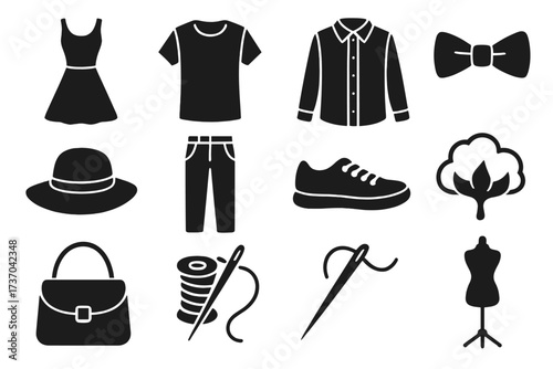 Fashion and garment vector icons set including dress, t-shirt, shirt, bowtie, hat, pants, sneaker, cotton, handbag, sewing thread with needle, needle, and mannequin silhouette, transparent background