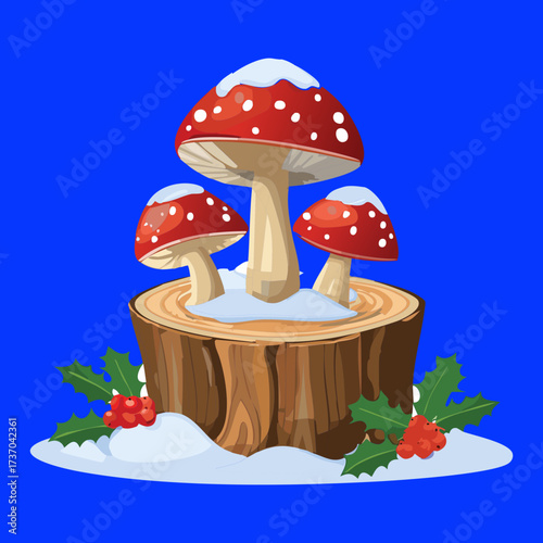 Collection of healthy medicinal reishi mushroom specimens growing on bark in the shade of a wide-leaf exotic jungle plant	