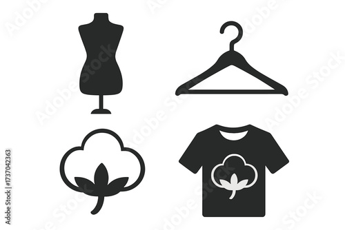 Fashion and garment logo vector set with cotton plant icon, clothing hanger, dress mannequin, and cotton t-shirt illustration for textile and apparel design