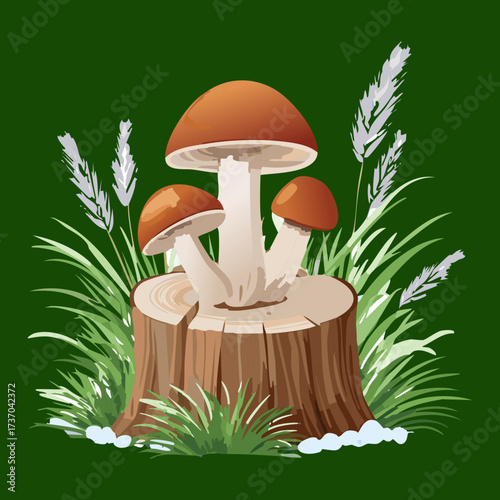 Detailed macro view of delicate small bonnet mushroom caps with fine gills clinging to a rotting wood log and surrounding vibrant moss plant	