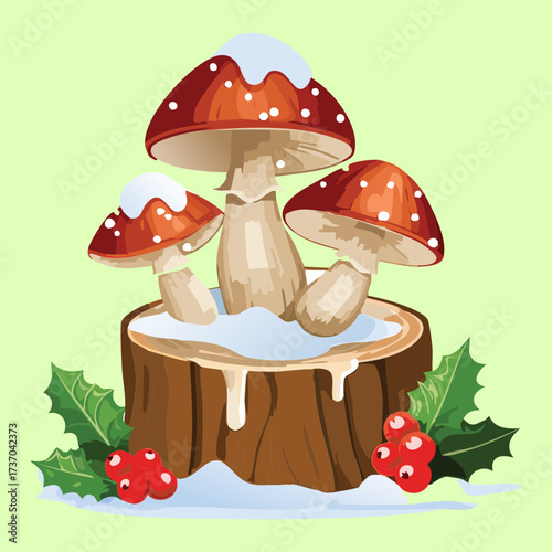 An abstract illustration of a fantastic giant shelf mushroom growing from an ancient tree trunk alongside a rare climbing vine plant	