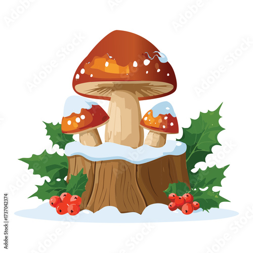 Beautiful edible wild porcini mushroom stands proudly amongst the golden autumn leaves and low-lying groundcover plant in a sunlit woodland	