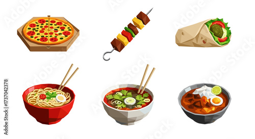 Vector art of collection of delicious fast food and asian dishes