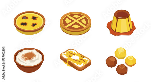 Vector art of collection of six different sweet desserts and pastries