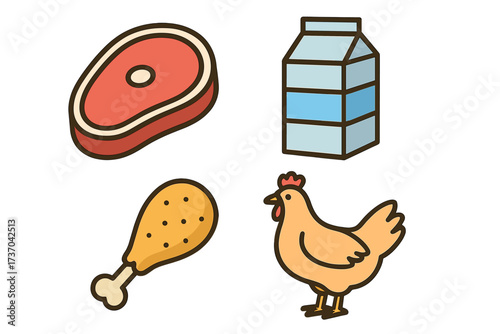Vector design of farm products and poultry symbols, set of meat, chicken, drumstick, milk carton, agriculture icons, vector illustration with transparent background, ordered set for web