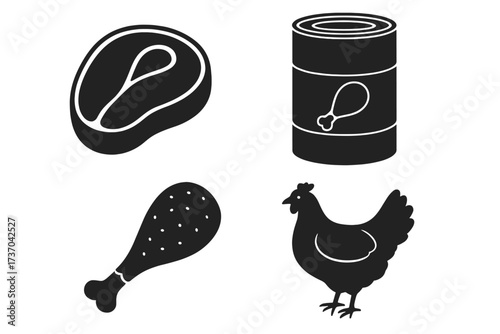 Vector design of poultry and meat products icons, chicken whole, drumstick, canned meat, and steak symbols, agriculture and food industry set, transparent background vector illustration