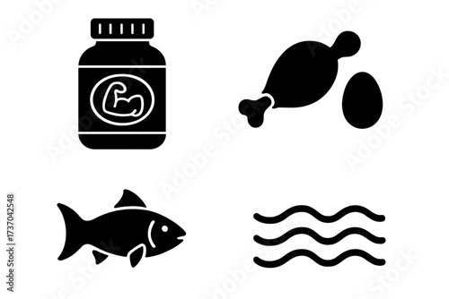 Vector set of protein sources icons including supplement jar with muscle symbol, chicken drumstick and egg silhouette, fish icon, and water waves symbol for health and nutrition
