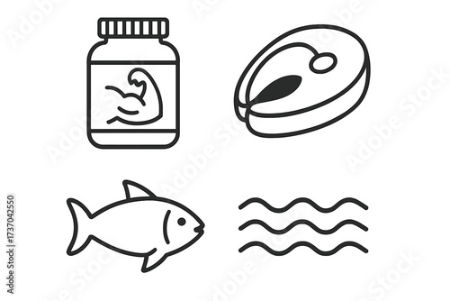 Vector collection of protein icons and natural sea elements, including muscle supplement jar, fish steak, whole fish, and ocean waves, health and nutrition concept, line art design