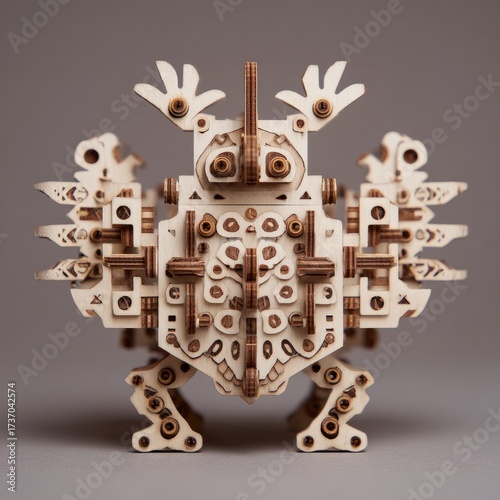 Wooden, intricate, fantastical creature.  Complex, geometric design.  Light beige and brown tones.  Front view