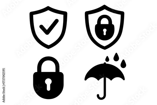 Security protection shield with check mark and padlock icons, privacy and safety symbols, secure lock and shield, umbrella rain protection, concept of data safety and insurance vector illustration