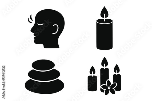 Relaxation and meditation icons set with human head calm mind silhouette, stacked smooth stones, lit candles with flame, spa wellness symbols collection, vector illustration
