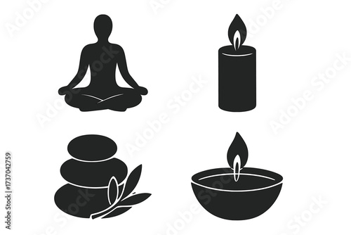 Relaxation and meditation vector set with flame and candle icons, spa stones with leaves, peaceful yoga silhouette, zen wellness symbols for calm and serenity design