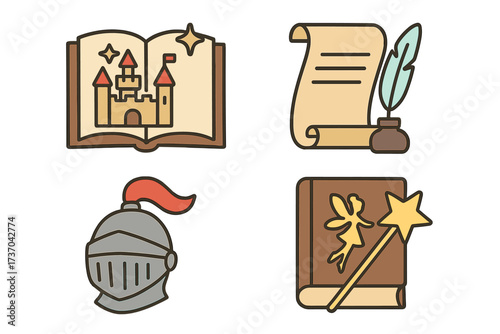 Vector collection of fantasy story icons including magic book with fairy, castle storybook, medieval knight helmet, and ancient scroll with quill pen for storytelling design